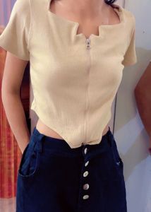 Trendy Beige Zip Up Crop Top