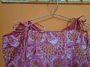 Pink-Yellow Floral Knot-Shoulder Crop Top