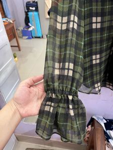 Green Checked Flared Sleeve Top