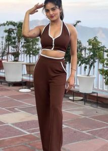 Brown Crop Top &amp; Pants Set