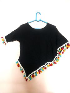 Unique Black One Sleeve Top With Pom Pom