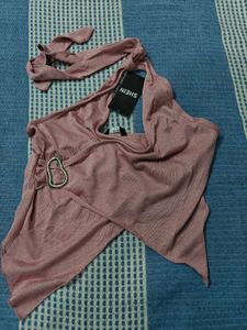 Halter Neck Handkerchief Hem Shimmer Wrap Top