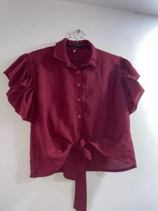 Maroon Tie-Front Blouse