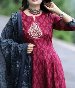 Tomato Red Kurti Set With Bottom And Duppata