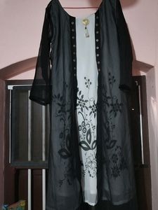 Trendy Stylish White Dress With Black Net Overcoat