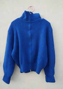 Blue Ribbed Zip-Up Sweater