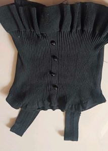 Black Ruffle Hem Button Up Sweater