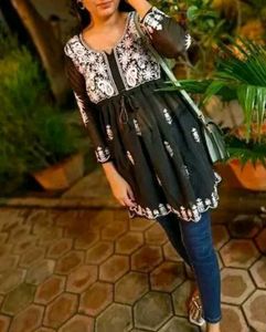 Embroidered Black Tunic Top