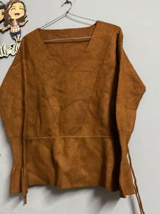 Brown V-Neck Knit Top