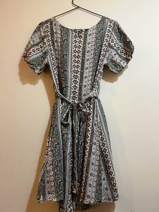 Korean Green Pattern V Neck Dress