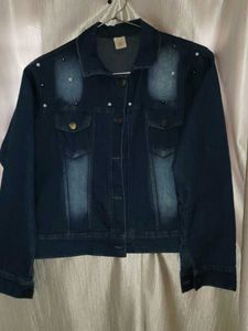 Navy Blue Denim Jacket With Pearl Design