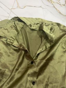 Olive Green Satin Button-Down Shirt