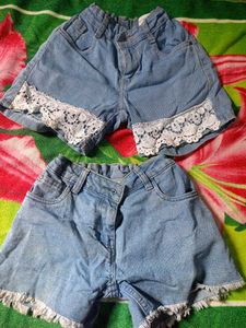 Denim Shorts with Lace & Fringe Details