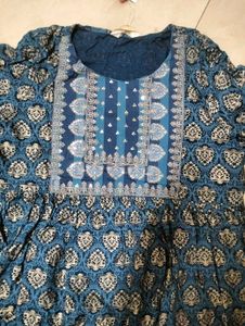 Blue Embroidery Kurti Pant Set With Free Shippin