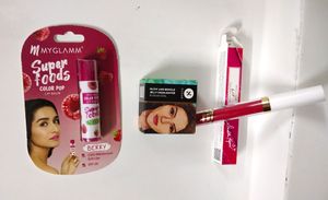 Sugar Gold And Behold Jelly Highlighter, Myglamm Color Pop Lipbalm, Myglam Lit Liquid Matte Lipstick Combo (New)