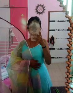 Turquoise Ethnic Gown With Organza Duptta