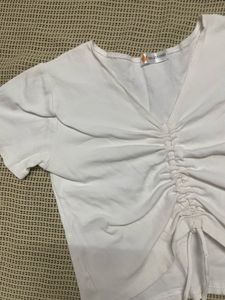 White Ruched Drawstring Top