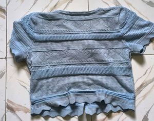Blue Knit Button-Up Top