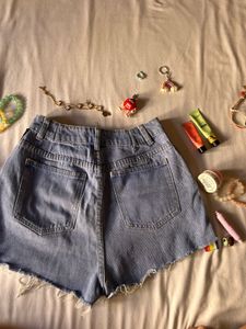 Blue Denim Shorts With Distressed Ends