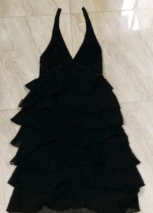 Elegant Black Halter-Neck Tiered Chiffon Gown