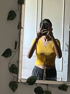Yellow Ribbed Tie-Front Top