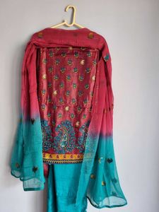 Festive Wine & Teal Silk Salwar Kameez Fabric 3pc