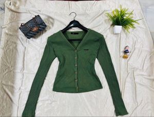 Green Ribbed Button-Down Top
