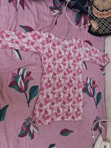 Pink Floral Long Sleeve Short Kurti