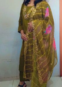 Olive Green Embroidered Pant Suit With Dupaata