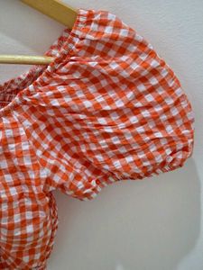Charming Orange Gingham Puff Sleeve Crop Top