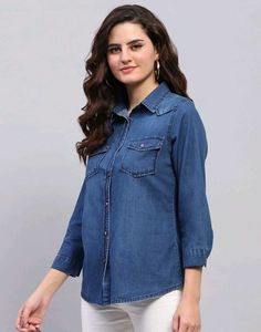 Monte Carlo Women Blue Light Wash Cotton Shirt