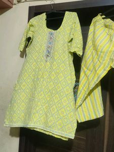 Yellow Printed Kurti Set