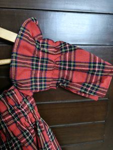 Girl Red Off Shoulder Elastic Plaid Top