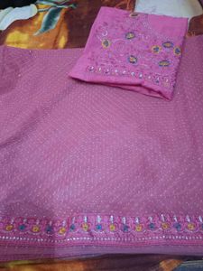 Elegant stylish party wear heavy work Pink Saree