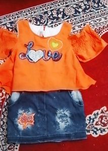 Cute Orange Top & Denim Skirt Set