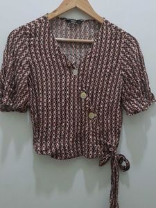 Retro Print Tie-Waist Top