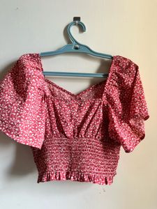 Pink  Floral Puff Sleeve smocked Crop Top