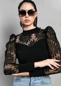 Stylish High Neck Top With Netted Sleeves