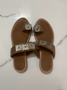 Ethnic Brown Flats with Silver Detail