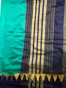 Green &amp; Navy Blue Saree with Geometric Border