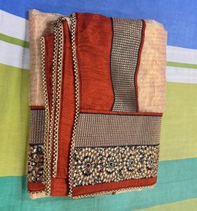 Brown Sari With Border Stone Embroidery