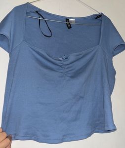 Blue Ribbed Square Neck Top