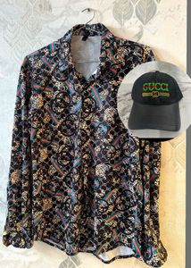 Patterned Shirt and Gucci cap