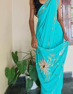 Teal Blue Colour Saree With Heavy Work Pallu.