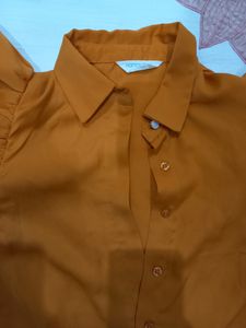 Orange Ruffle Sleeve Button-Down Top