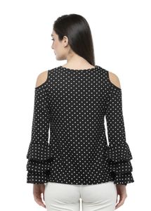 Polka Dot Cold Shoulder Ruffle Sleeve Top