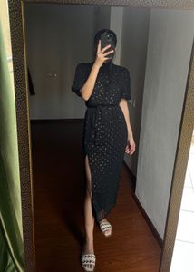 Metallic Polkadot Puff Sleeve Midi Dress