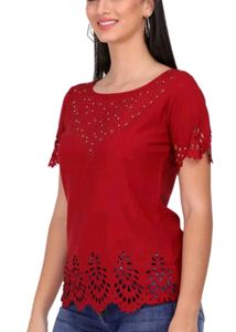 Women Casual Maroon Laser Cut Top