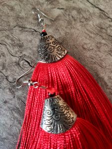 Red premium thread Tassel drop Earring