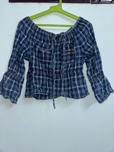 Blue Plaid Off-Shoulder Top